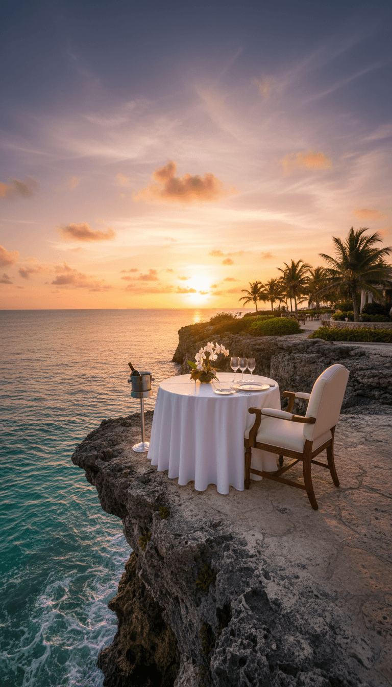 Cliffside dining table at sunset at a couples resort in Jamaica