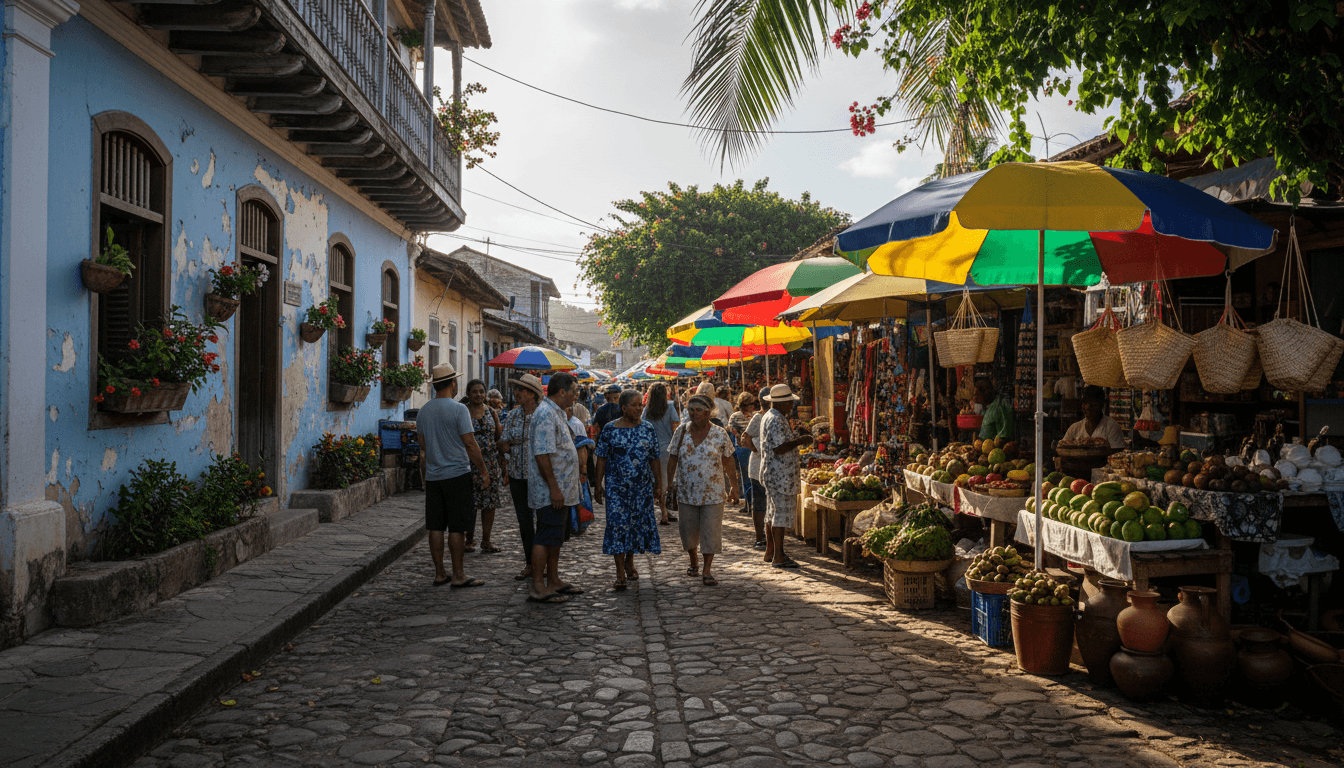 Couple walking hand in hand on a cobblestone port street