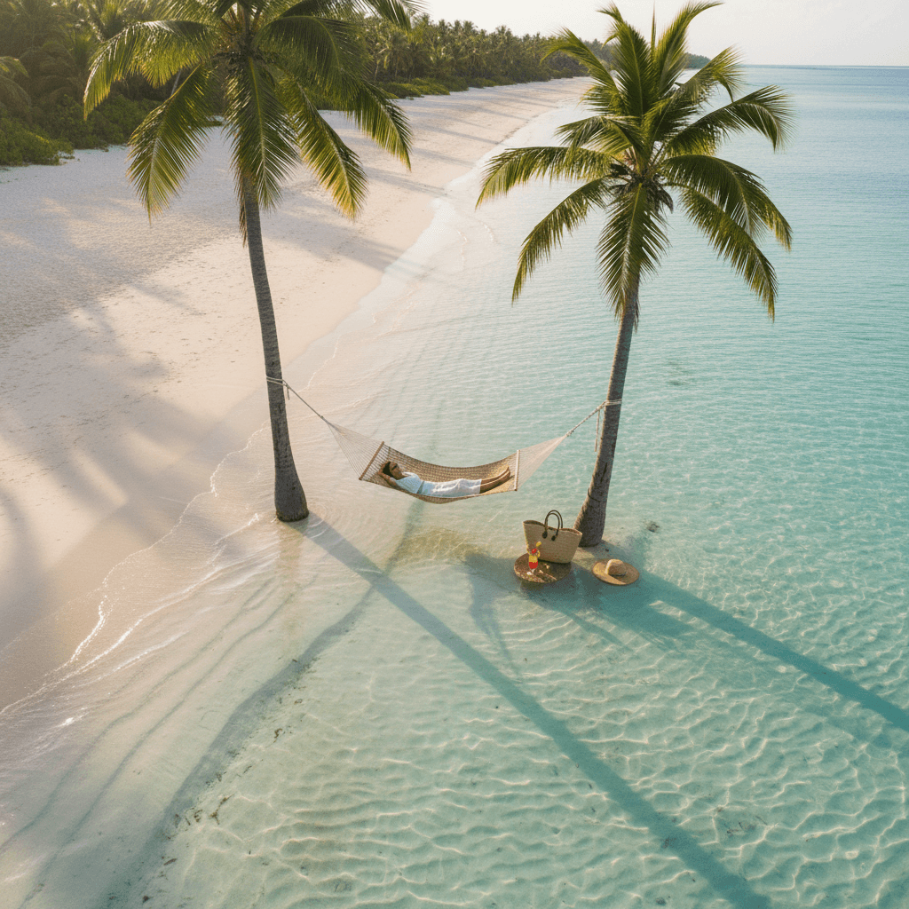 Empty hammock between palm trees on a quiet beach in the Dominican Republic at golden hour