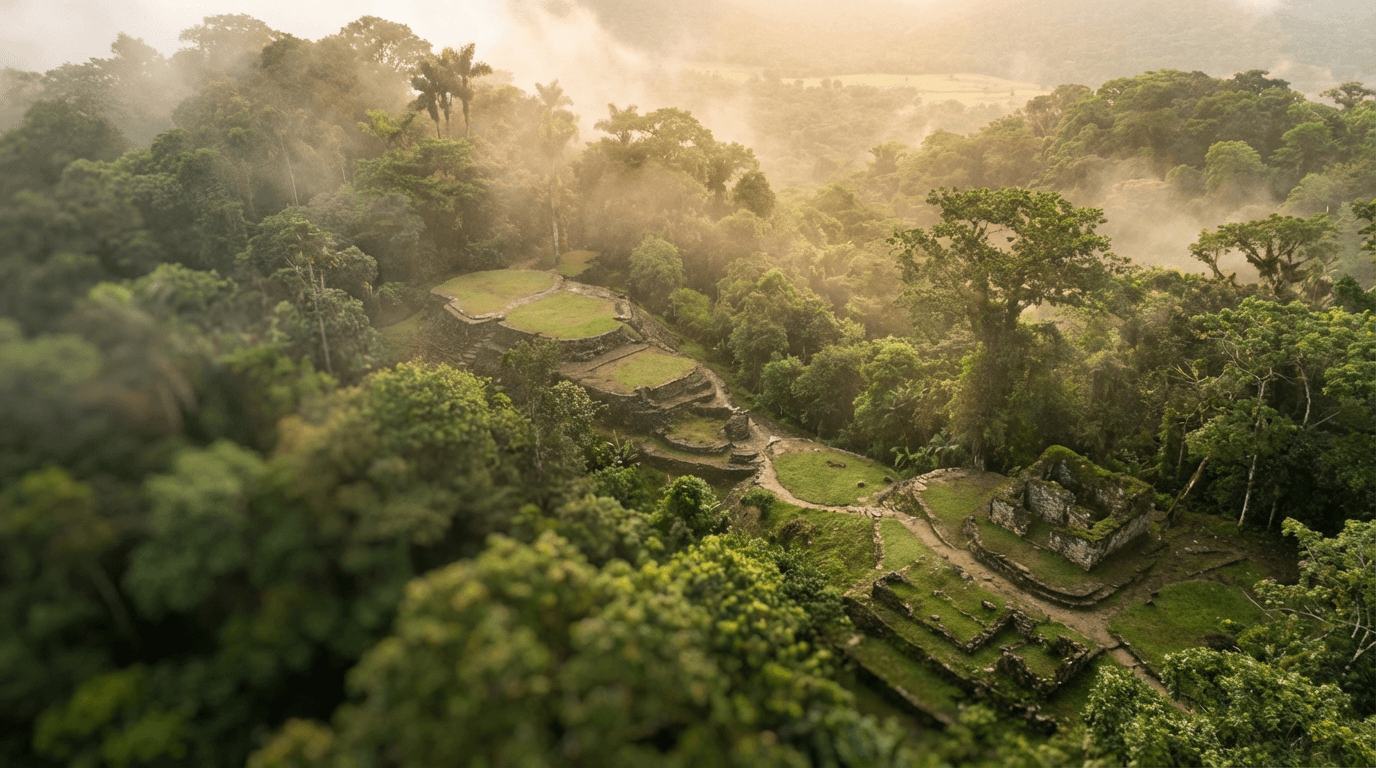 Person ziplining through cloud forest