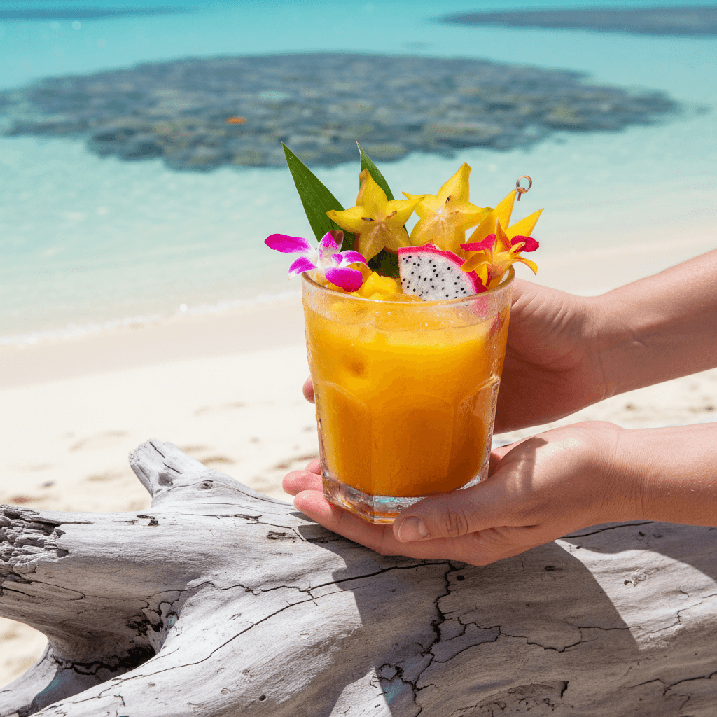 Close-up of tropical fruit juice on driftwood with ocean and coral reef visible in softly blurred background