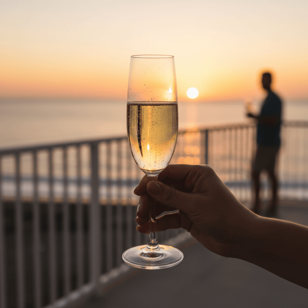 Glasses of sparkling wine on cruise ship bar with ocean backdrop