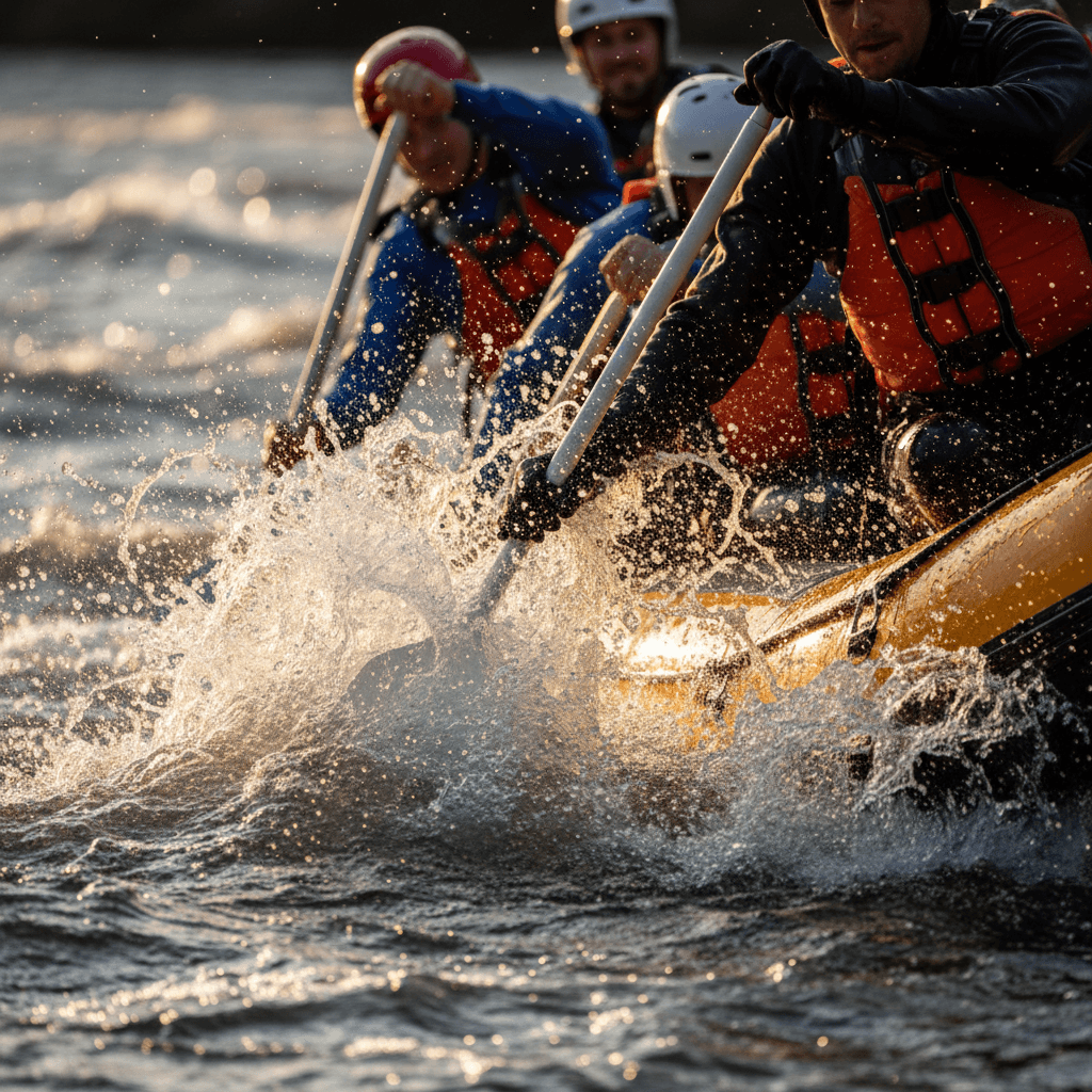 Raft navigating rapids on jungle river