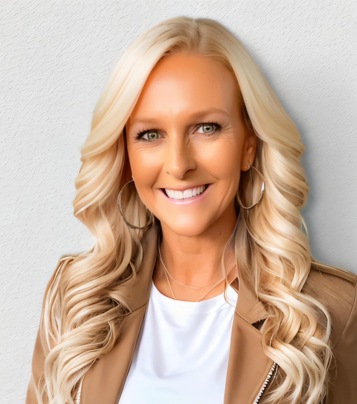 Smiling blonde woman with long wavy hair, green eyes, tan jacket, and silver hoop earrings.